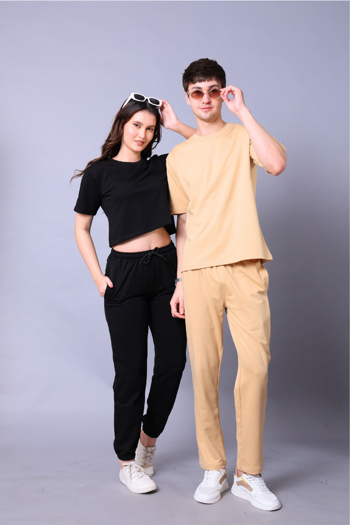 Black & Beige Couple Co-Ord Set – Crop Top & Oversized Tee with Joggers (Pack of 2)