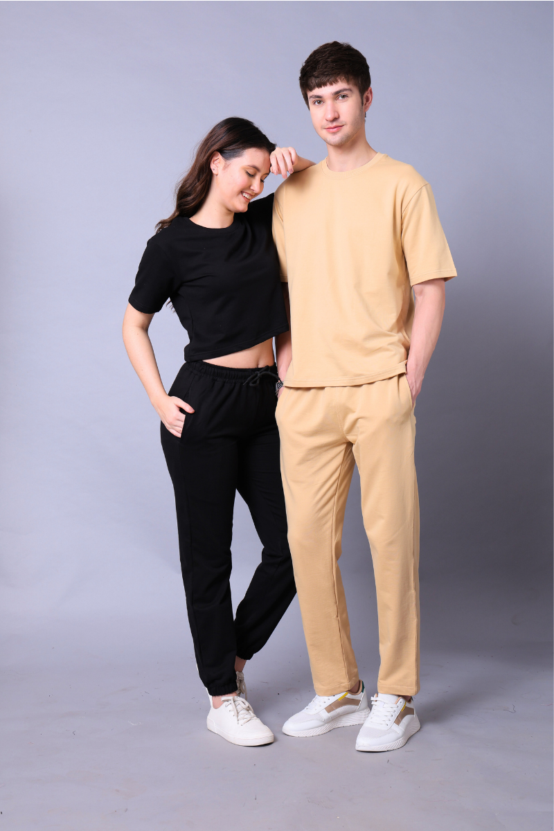 Black & Beige Couple Co-Ord Set – Crop Top & Oversized Tee with Joggers (Pack of 2)