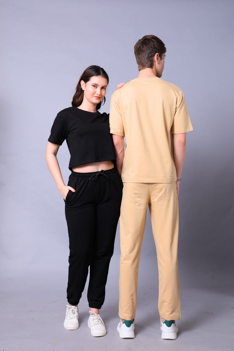 Black & Beige Couple Co-Ord Set – Crop Top & Oversized Tee with Joggers (Pack of 2)
