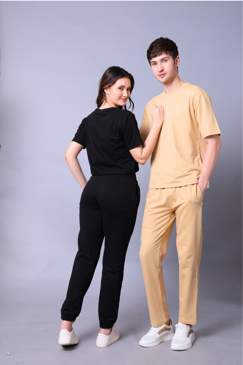 Black & Beige Couple Co-Ord Set – Crop Top & Oversized Tee with Joggers (Pack of 2)