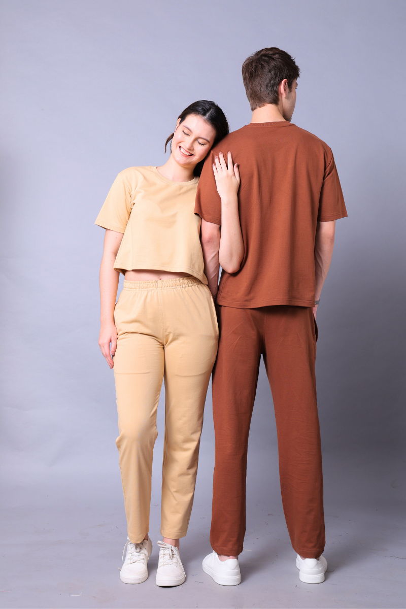 Beige & Brown Couple Co-Ord Set – Crop Top & Oversized Tee with Joggers (Pack of 2)