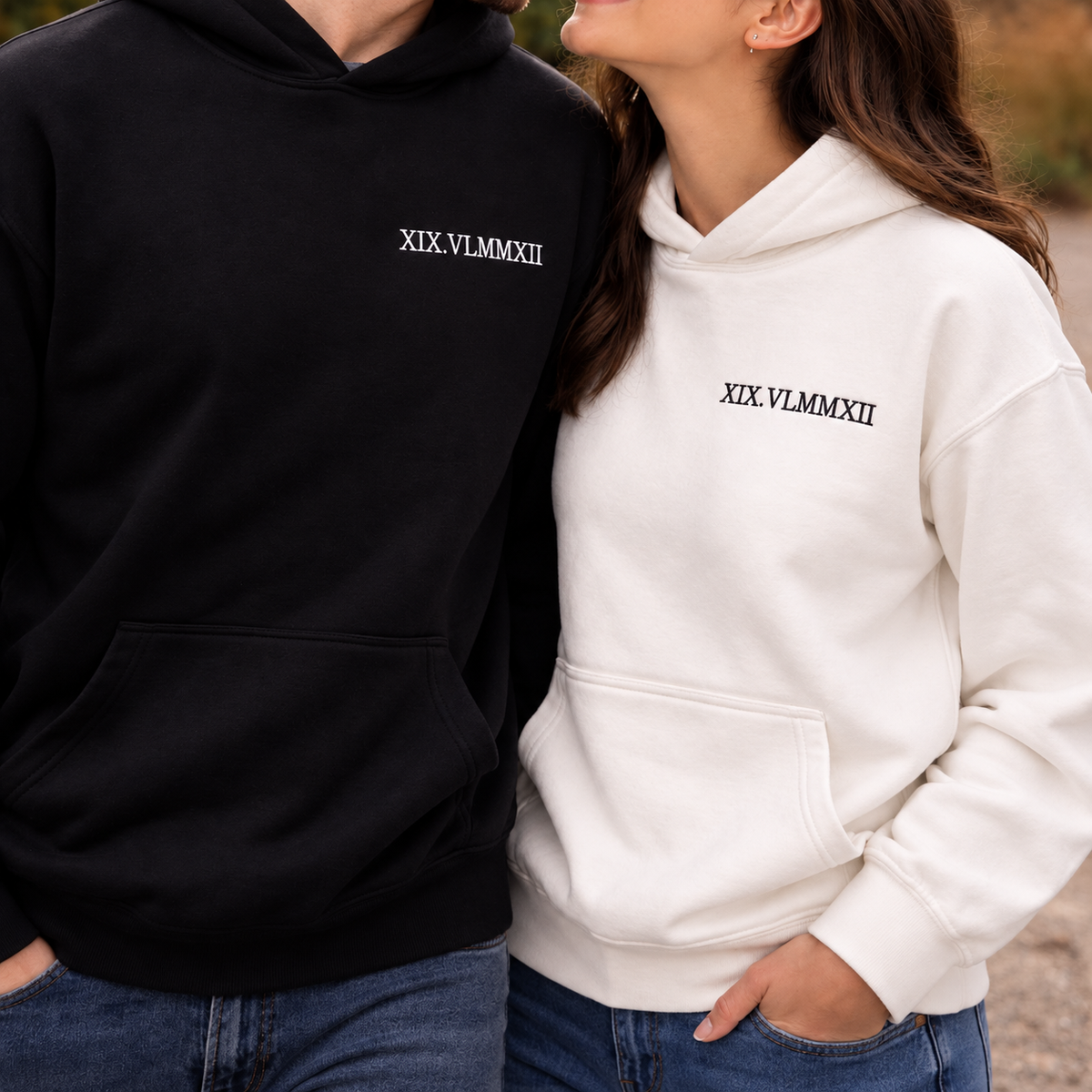 Embroided Customised Roman Dates Couple Hoodies — Pack of 2