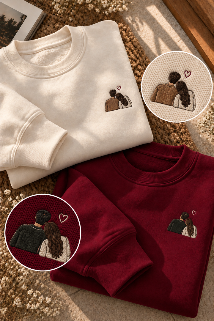 Embroided Customised Coloured Illustration Couple Sweatshirts — Pack of 2