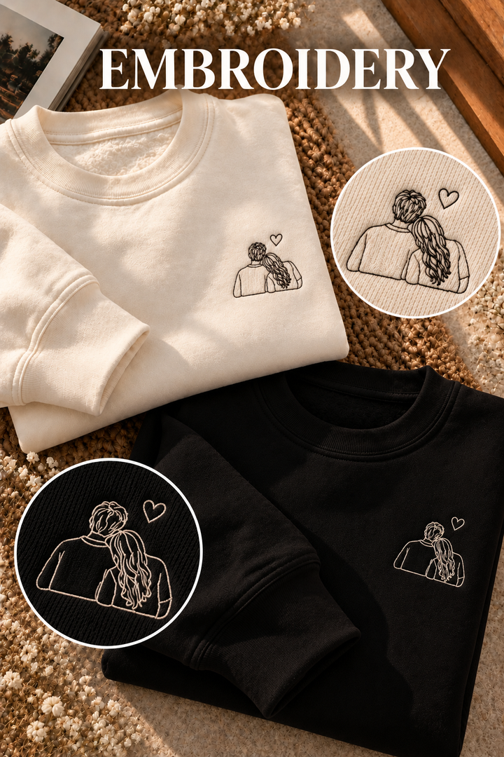 Embroided Customised Line Art Couple Sweatshirts — Pack of 2