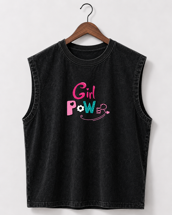 Girl Power Acid Wash Black Vest