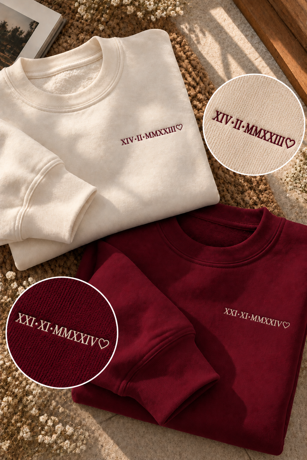 Embroided Customised Roman Date Couple Sweatshirts — Pack of 2