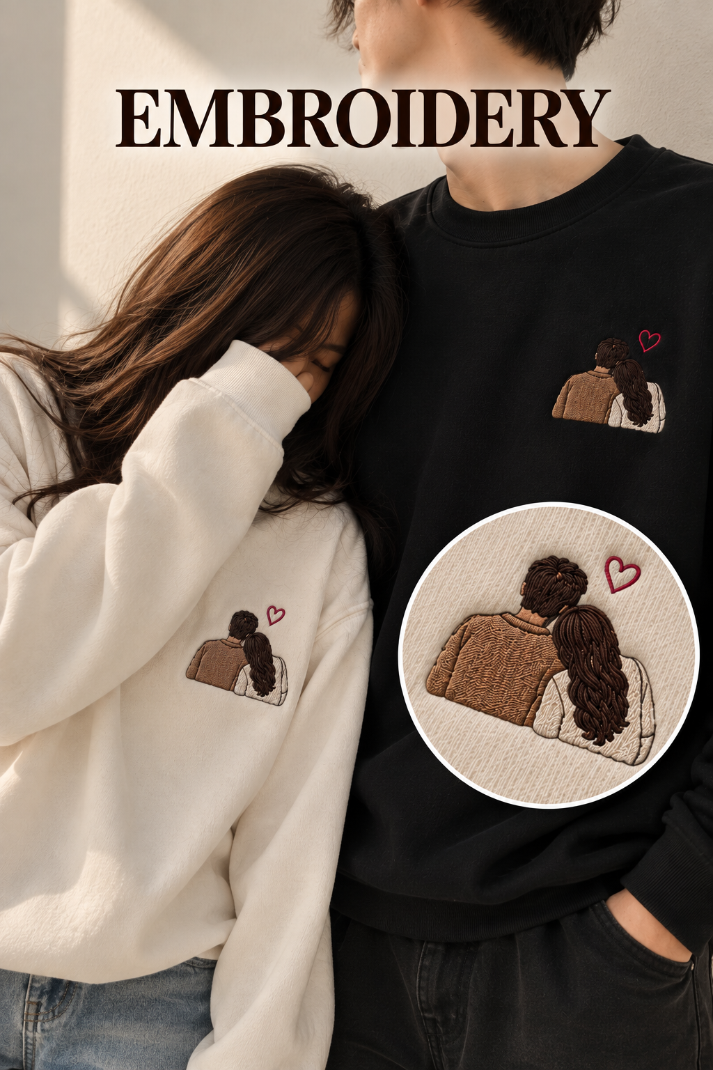 Embroided Customised Coloured Illustration Couple Sweatshirts — Pack of 2