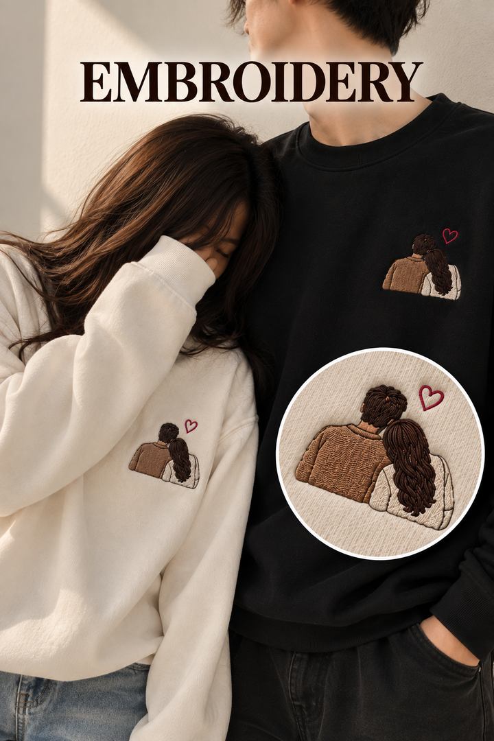 Embroided Customised Coloured Illustration Couple Sweatshirts — Pack of 2