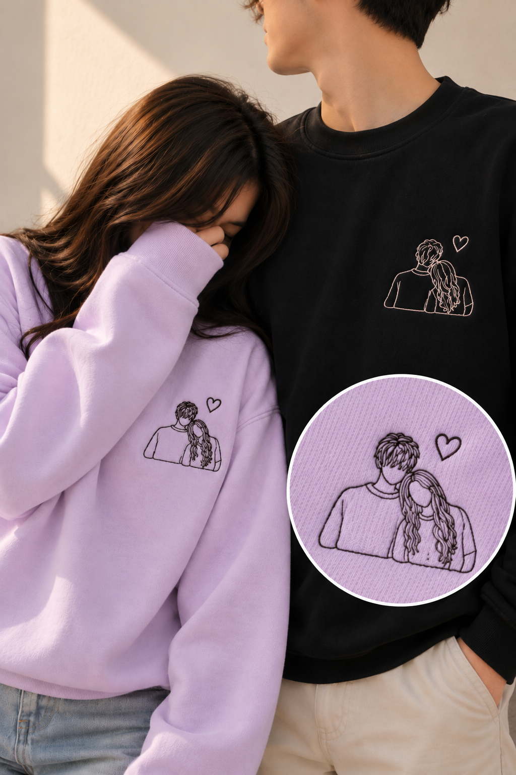 Embroided Customised Line Art Couple Sweatshirts — Pack of 2