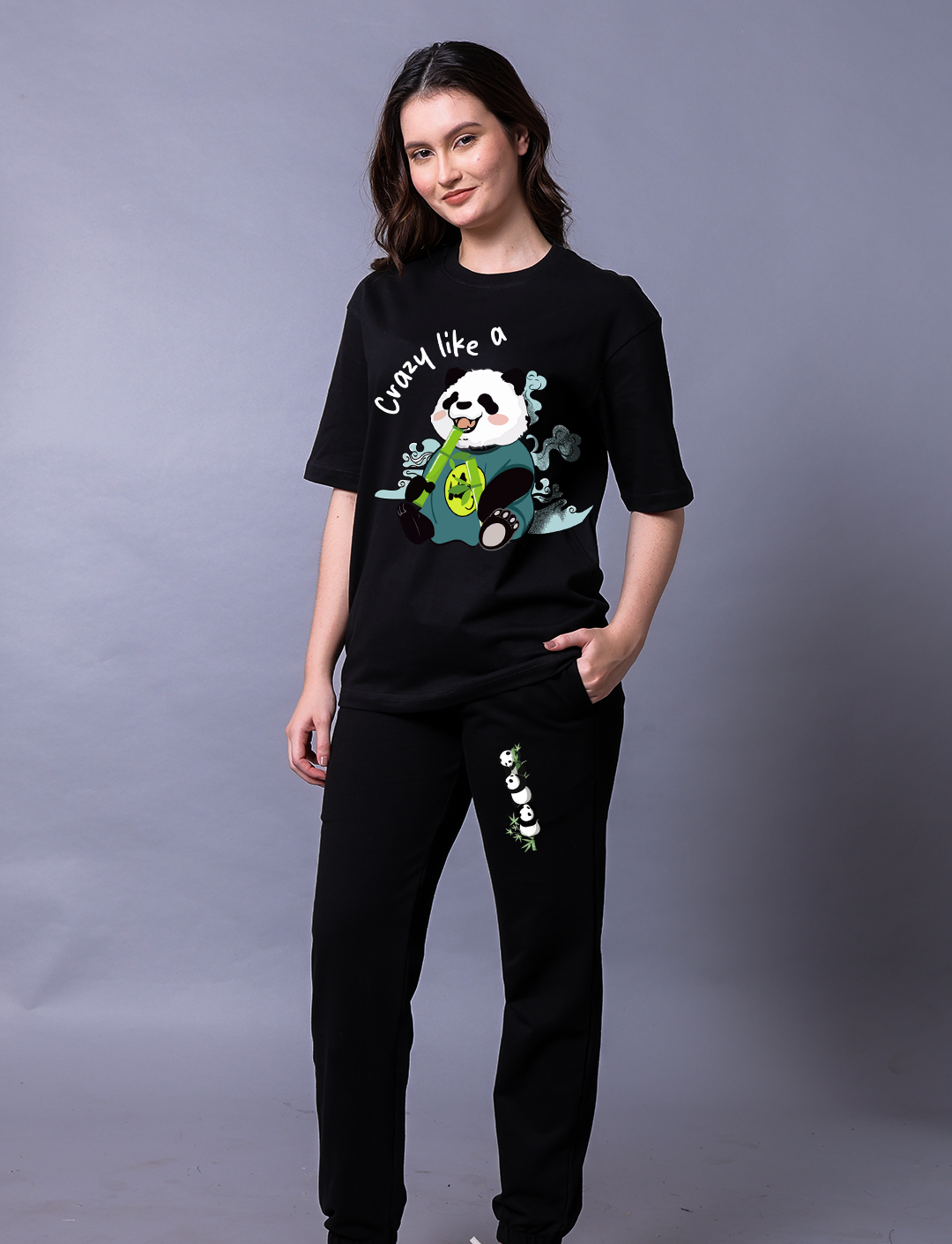 Crazy Like A Panda Women Co-Ord Set - Oversized Tee With Jogger