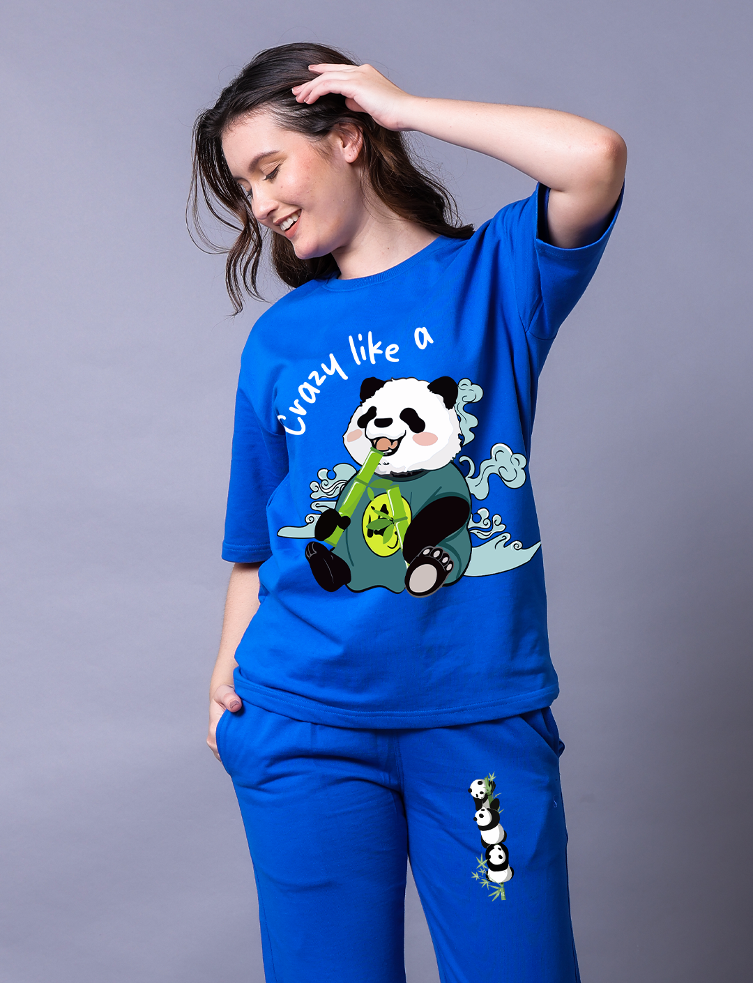 Crazy Like A Panda Women Co-Ord Set - Oversized Tee With Jogger