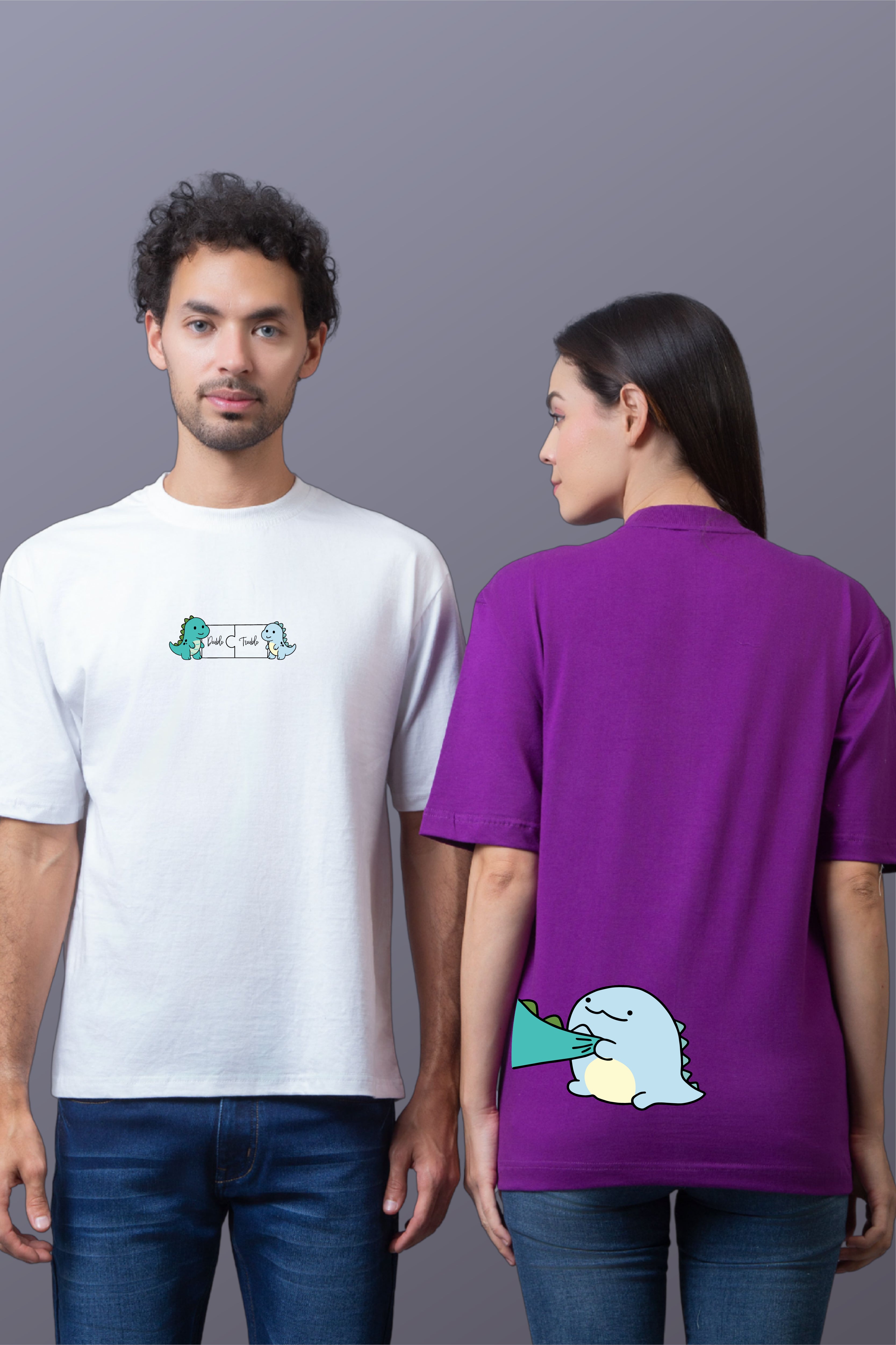 Dino Duo Couple Oversized Tees — Pack of 2