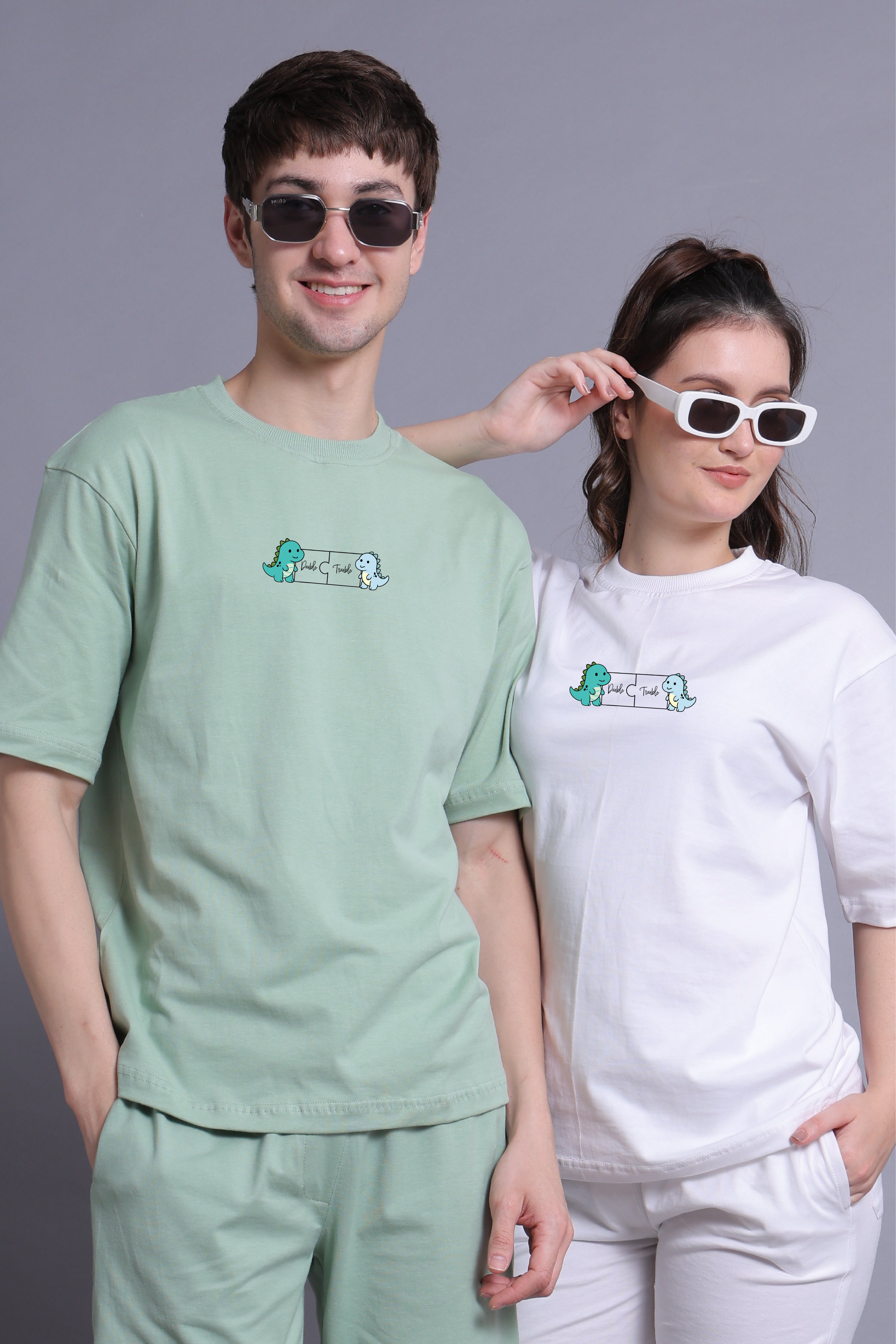 Dino Duo Couple Oversized Tees — Pack of 2