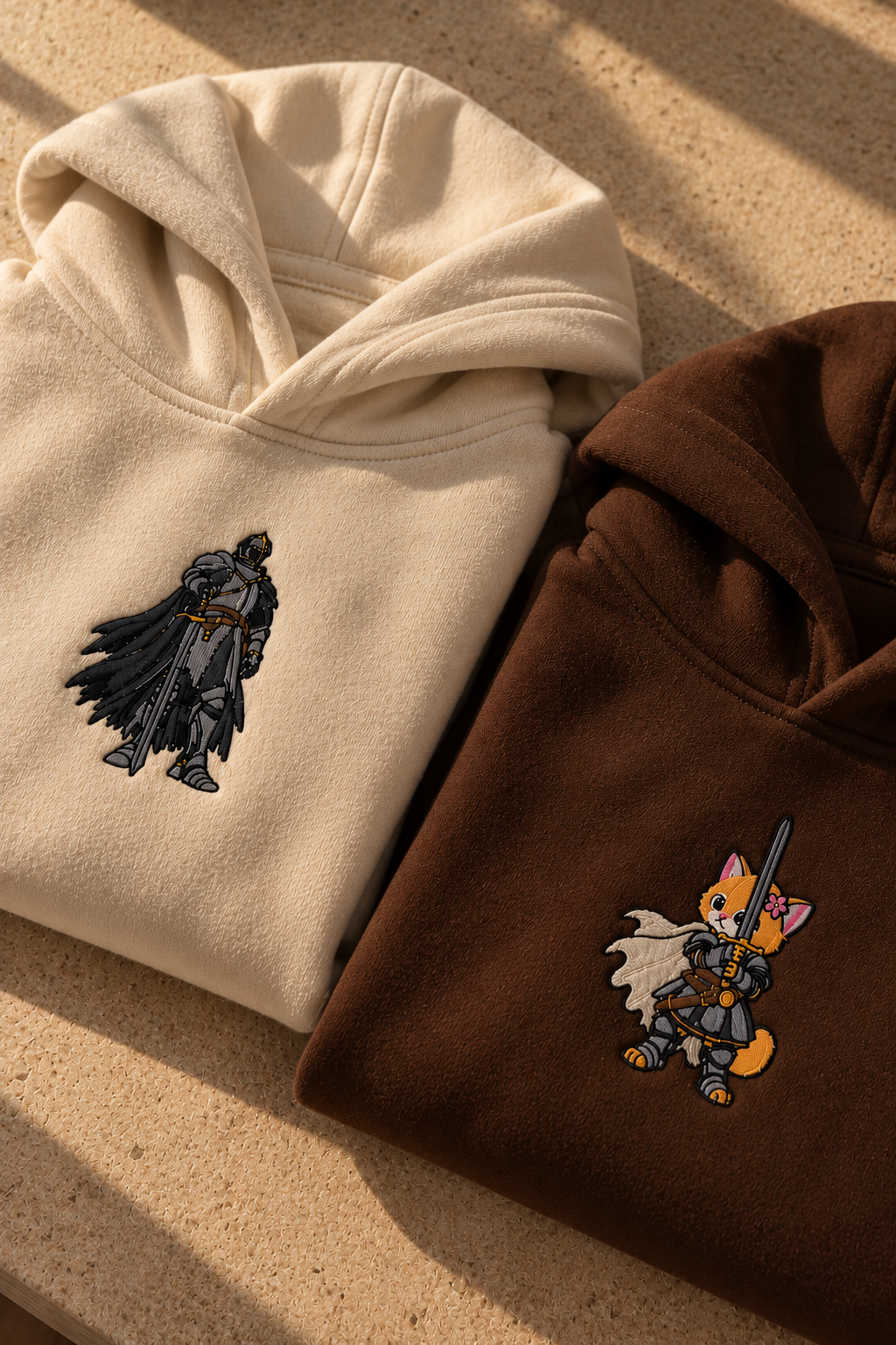 Embroidered Knight & Her Cat Couple Hoodies — Pack of 2
