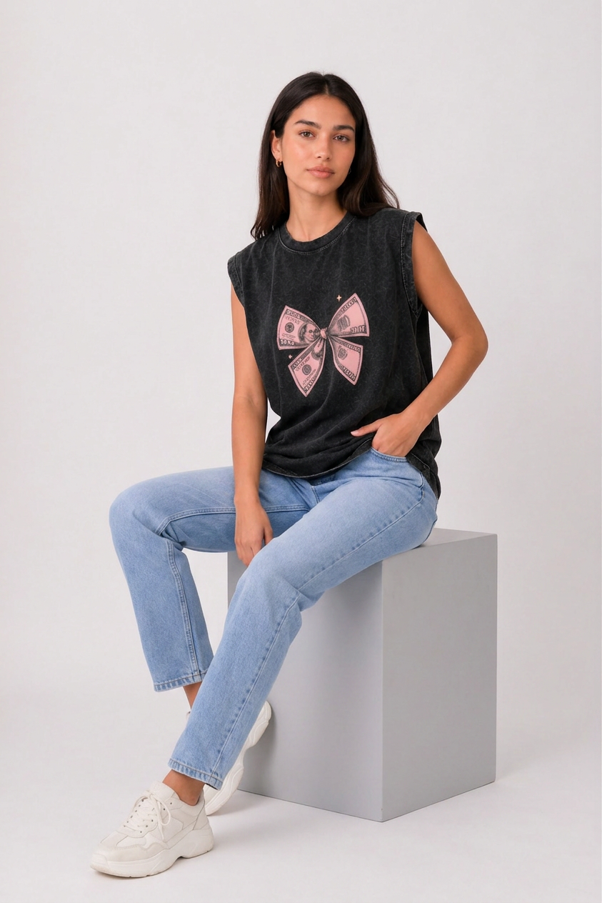 Dollar Bow Acid Wash Black Vest