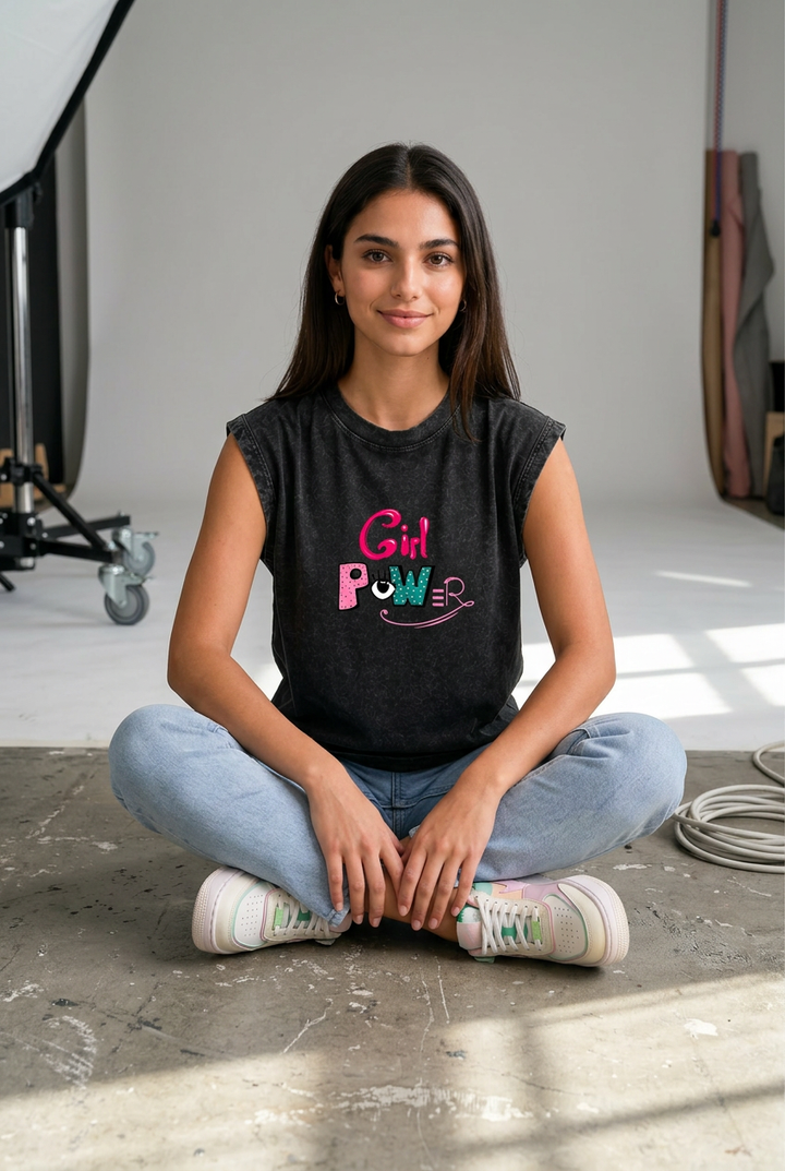 Girl Power Acid Wash Black Vest