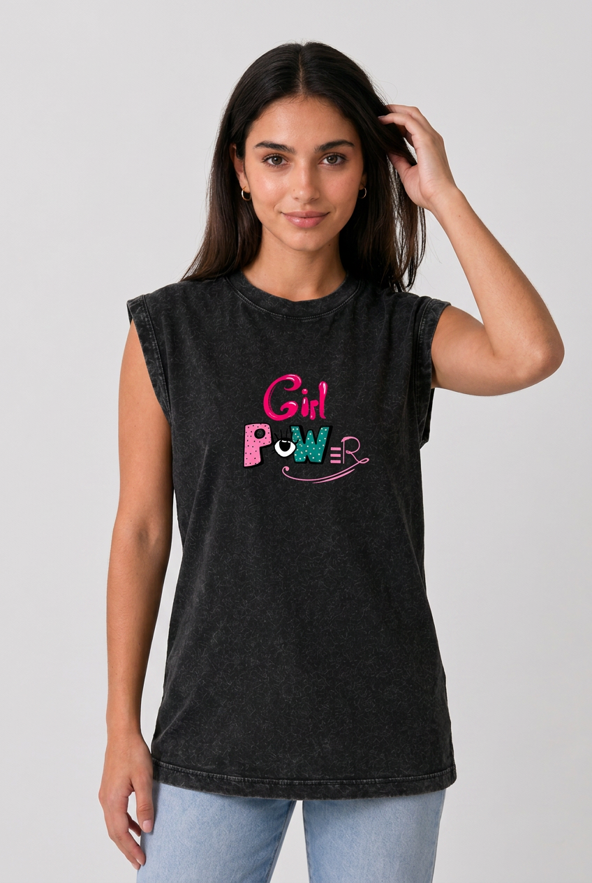 Girl Power Acid Wash Black Vest