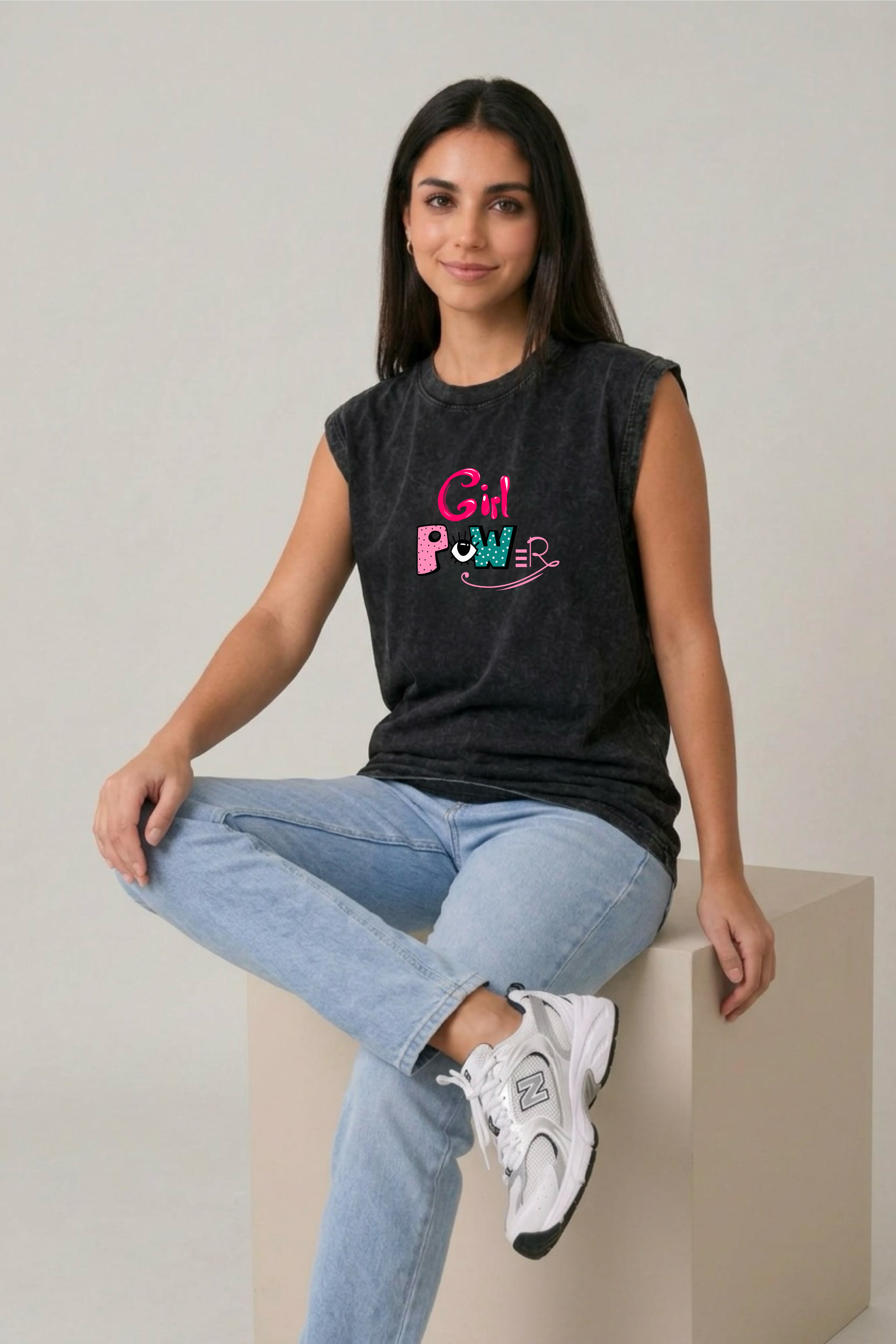 Girl Power Acid Wash Black Vest