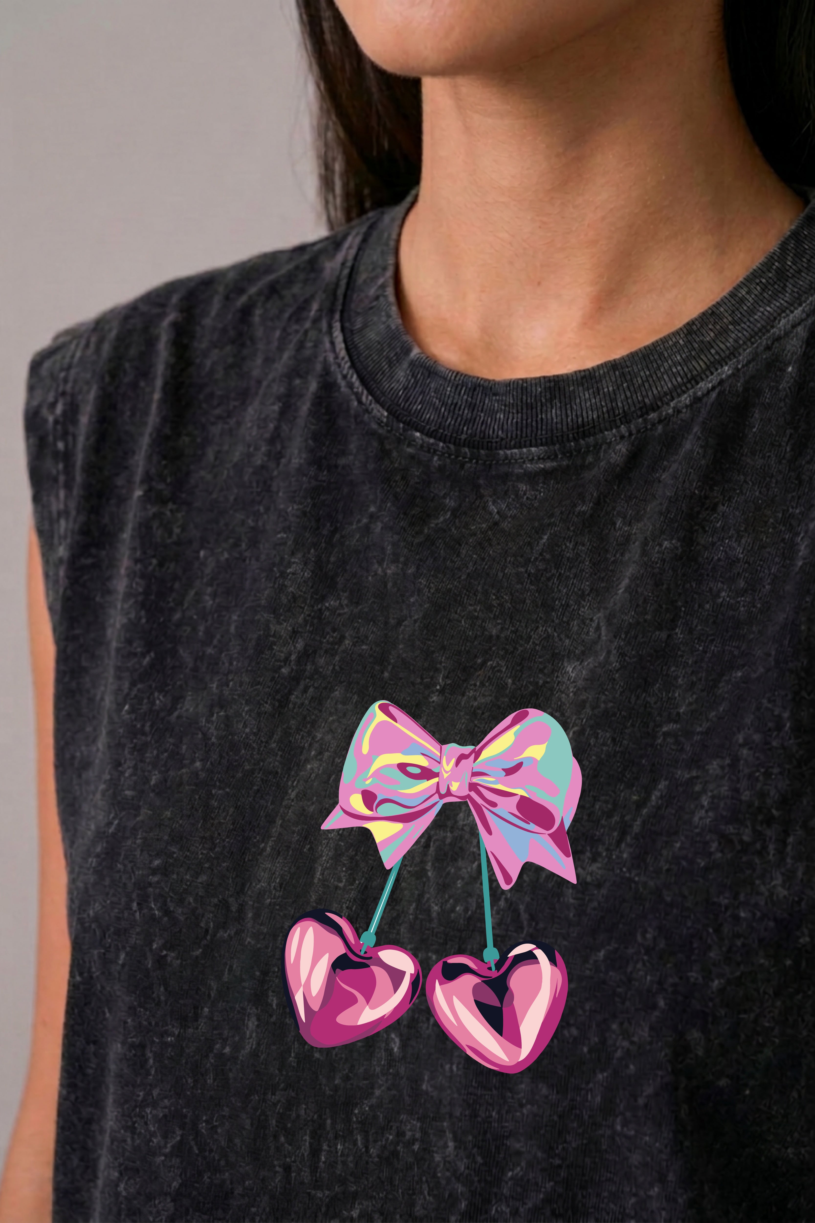 Heart Bow Acid Wash Black Vest