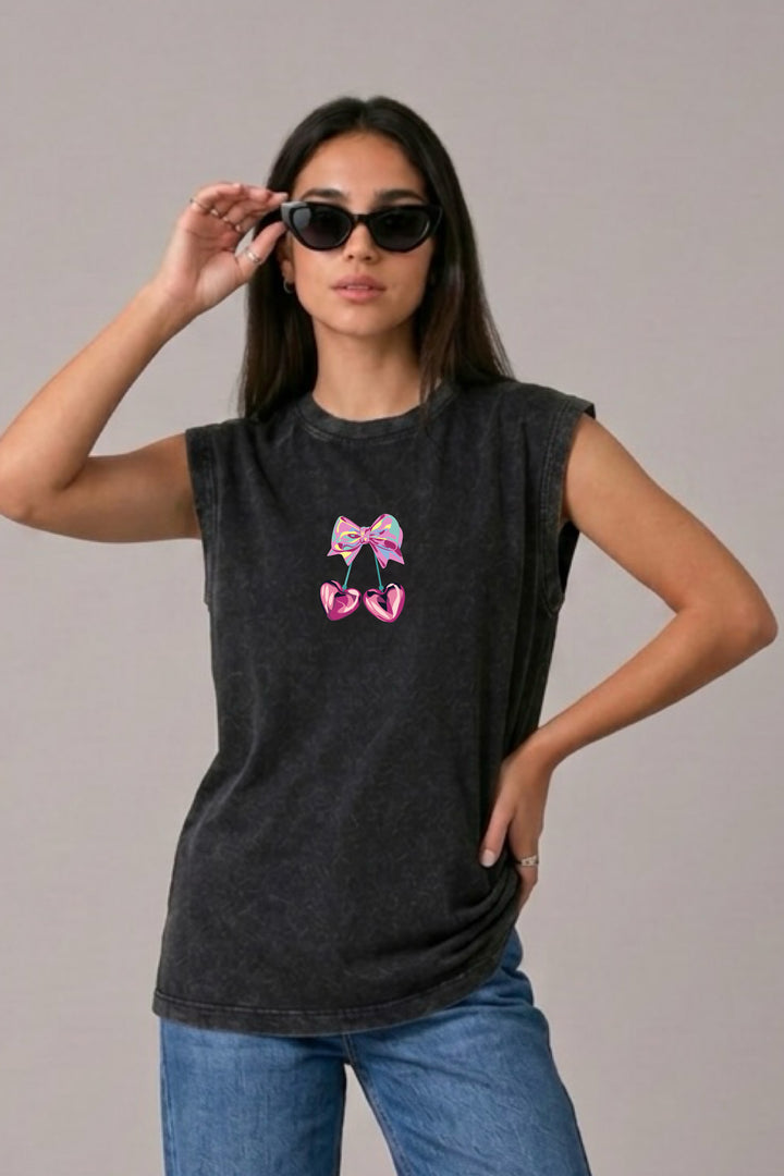 Heart Bow Acid Wash Black Vest