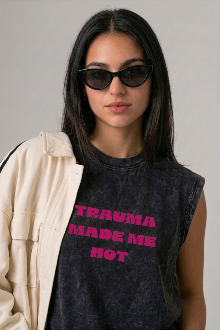 Trauma Made Me Hot Acid Wash Black Vest