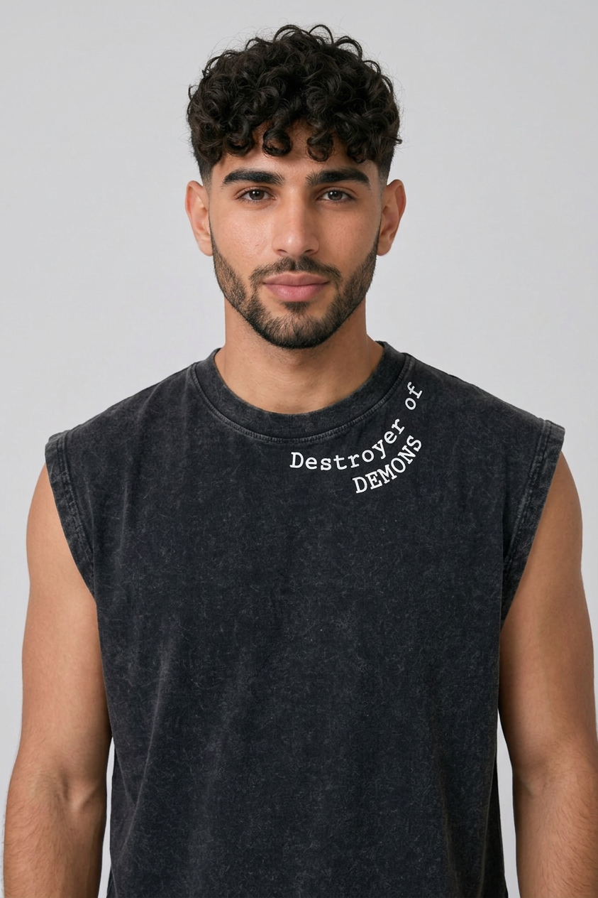 Destroyer of Demons Acid Wash Black Vest
