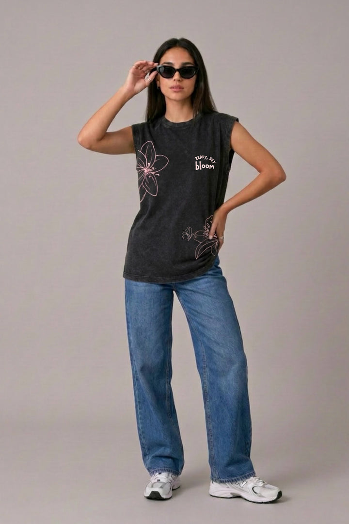 Ready Set Bloom Acid Wash Black Vest
