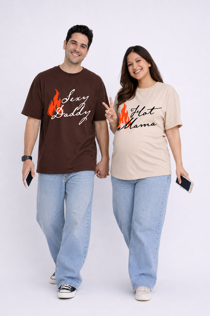 Hot Mama & Sexy Dada Oversized Couple T-Shirts (Pack of 2)