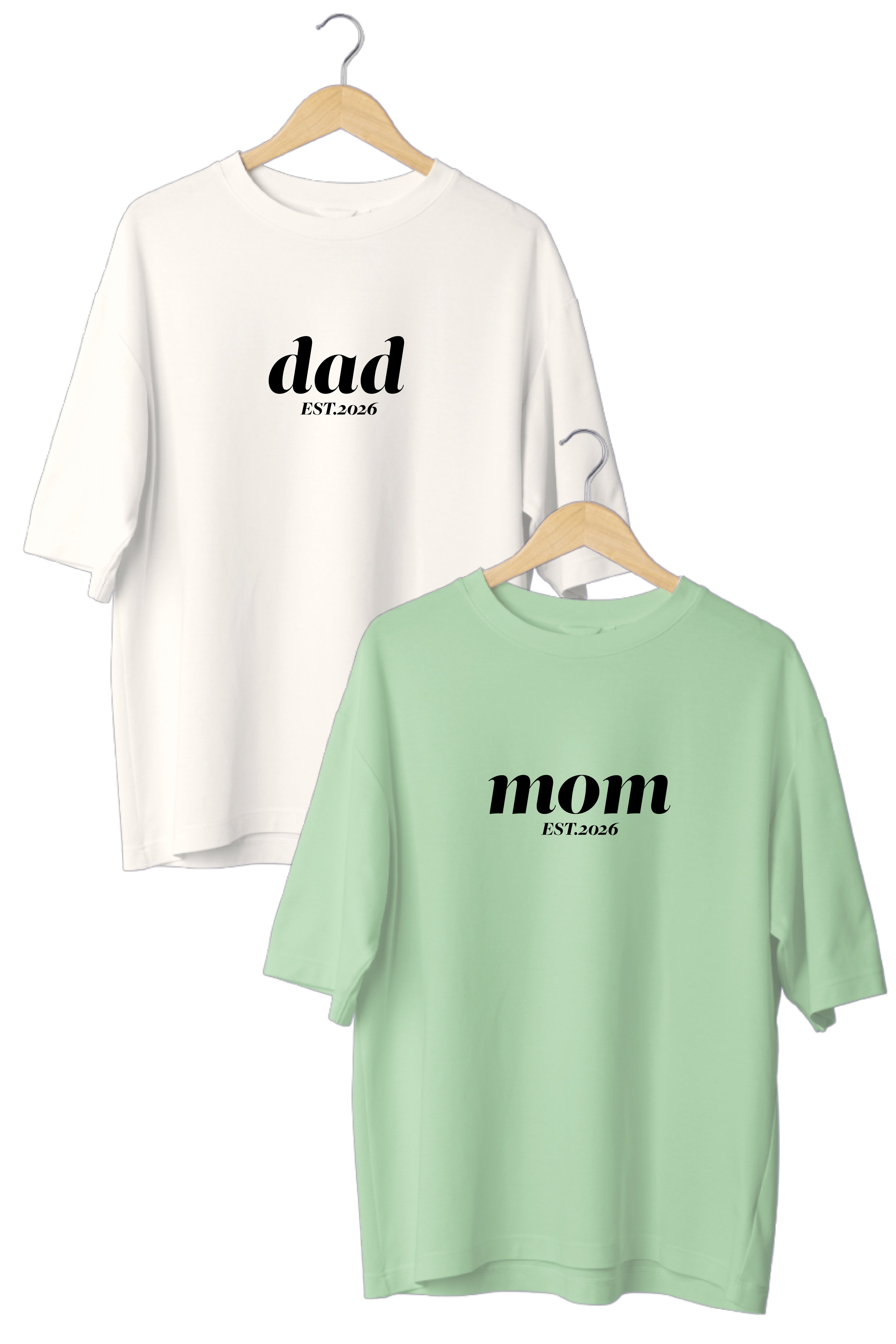 Mom Dad EST Oversized Couple T-Shirts (Pack of 2)
