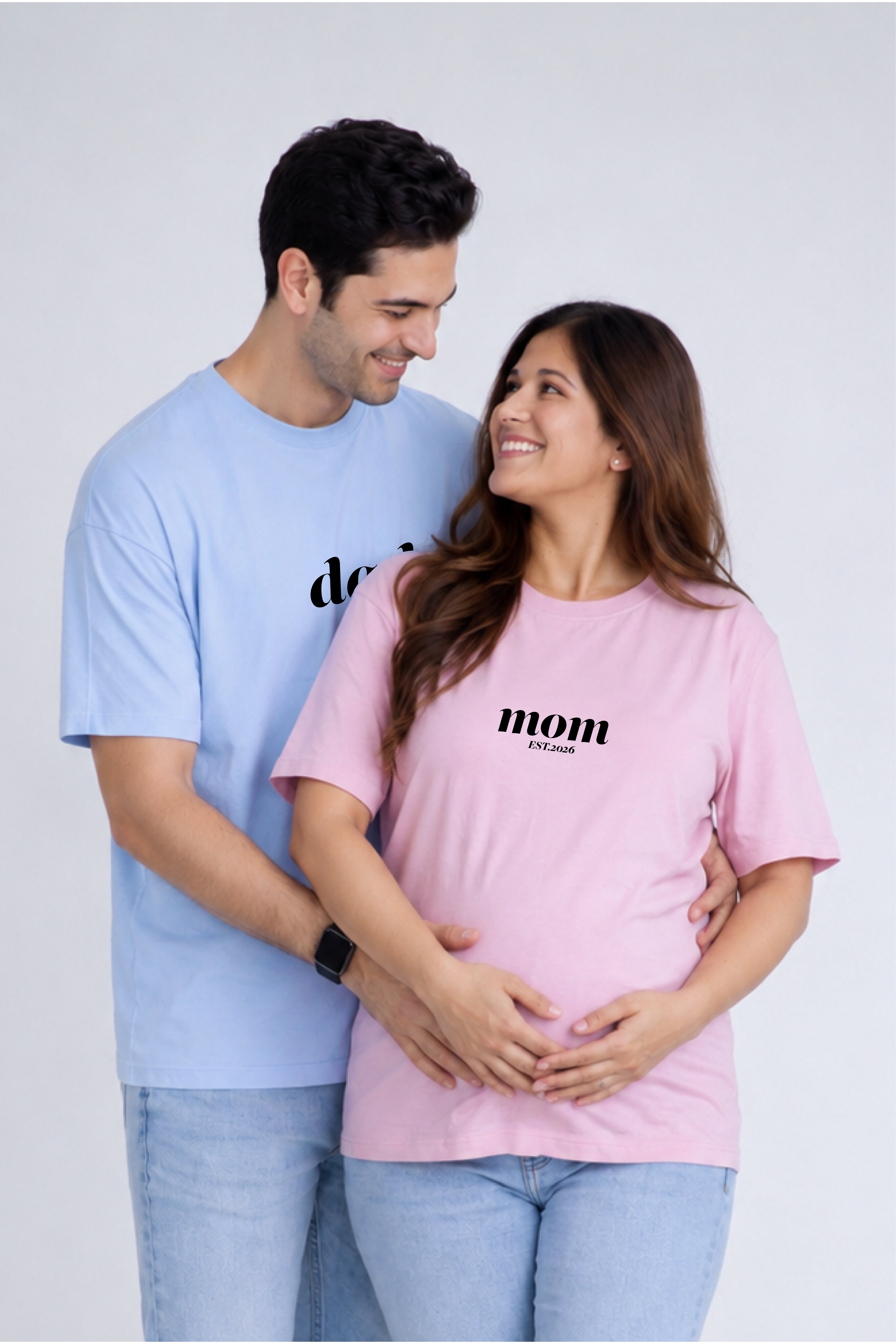Mom Dad EST Oversized Couple T-Shirts (Pack of 2)
