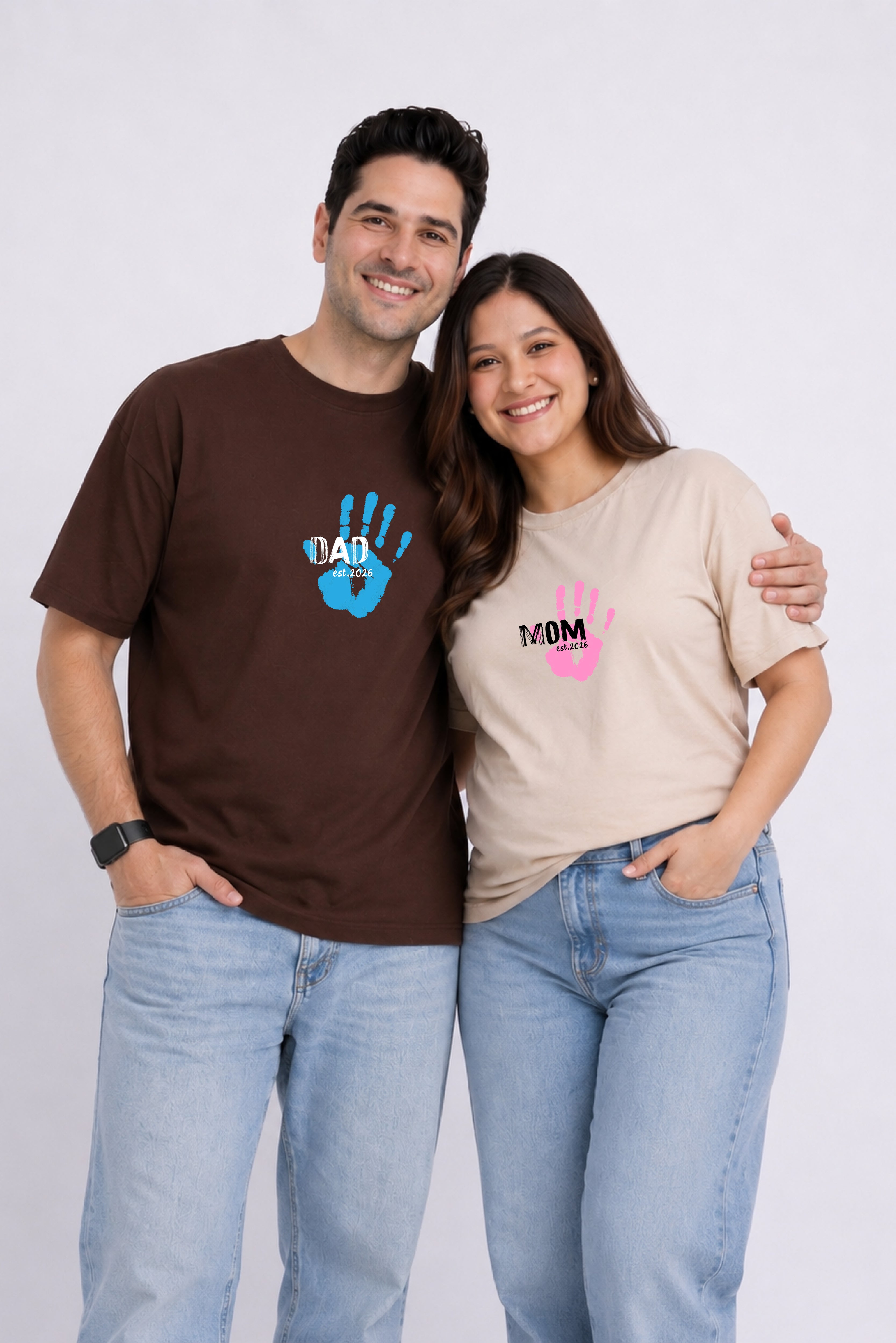 Mom Dad Hand print Oversized Couple T-Shirts (Pack of 2)