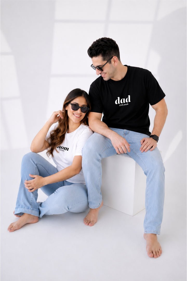 Mom Dad EST Oversized Couple T-Shirts (Pack of 2)