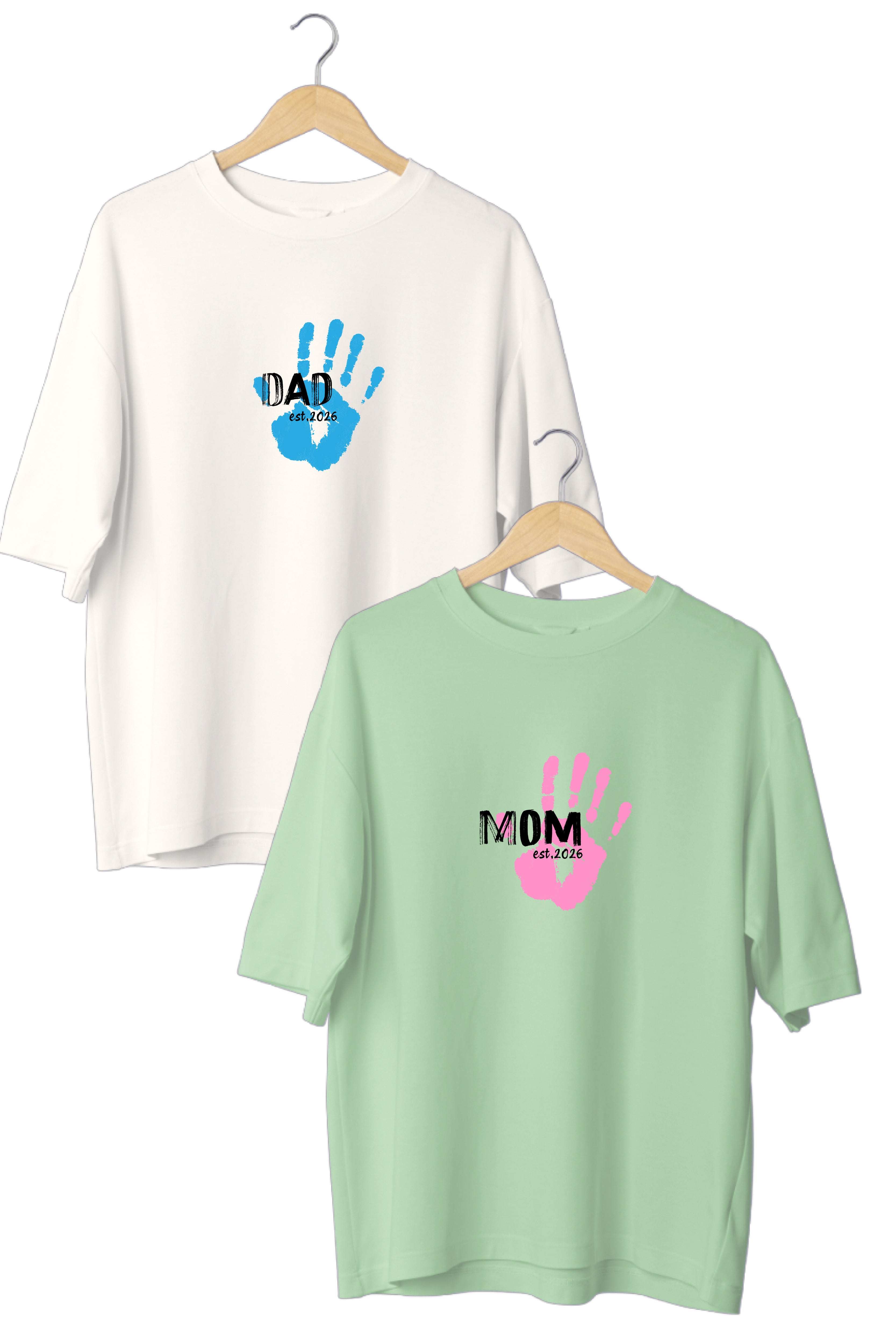 Mom Dad Hand print Oversized Couple T-Shirts (Pack of 2)