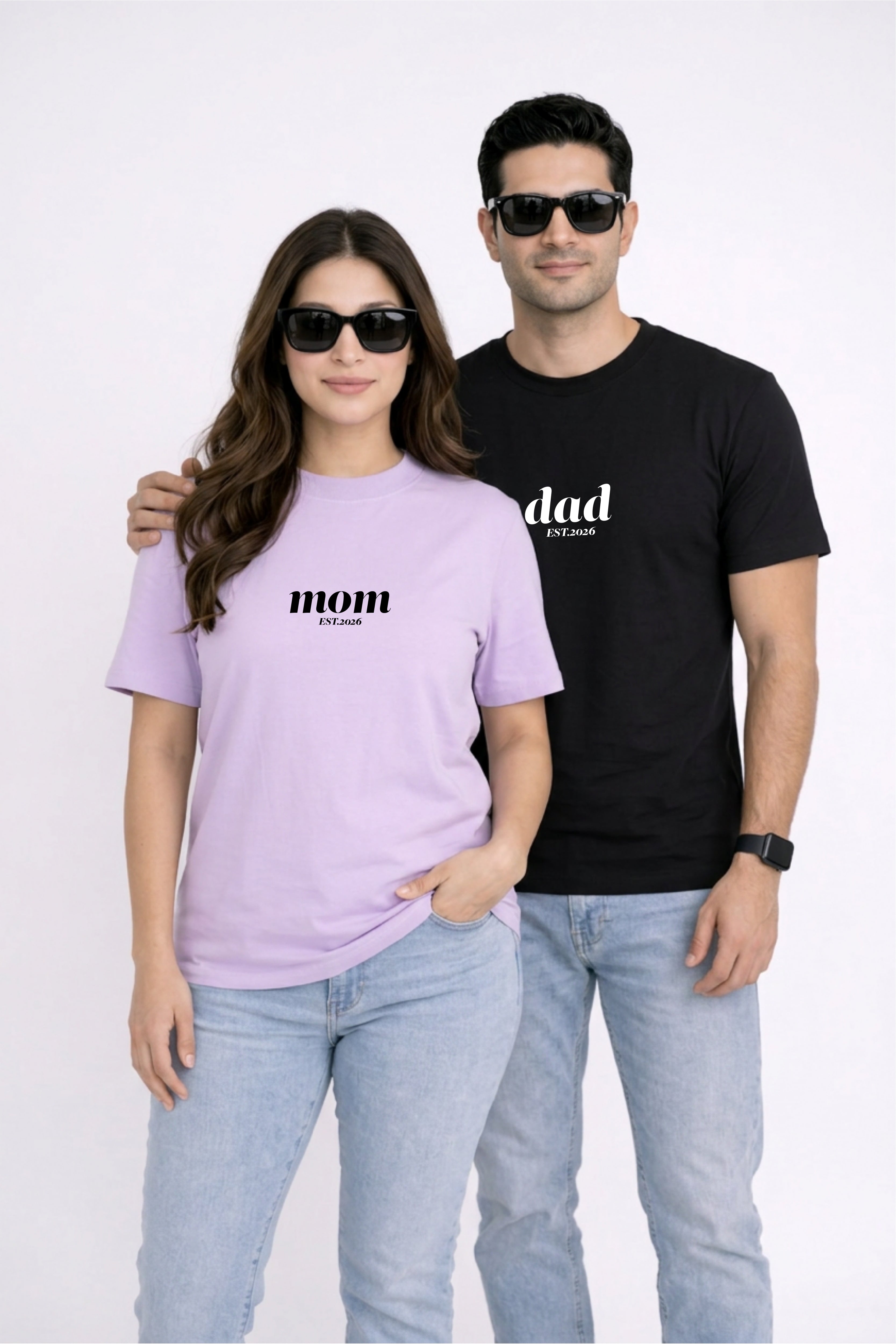 Mom Dad EST Oversized Couple T-Shirts (Pack of 2)