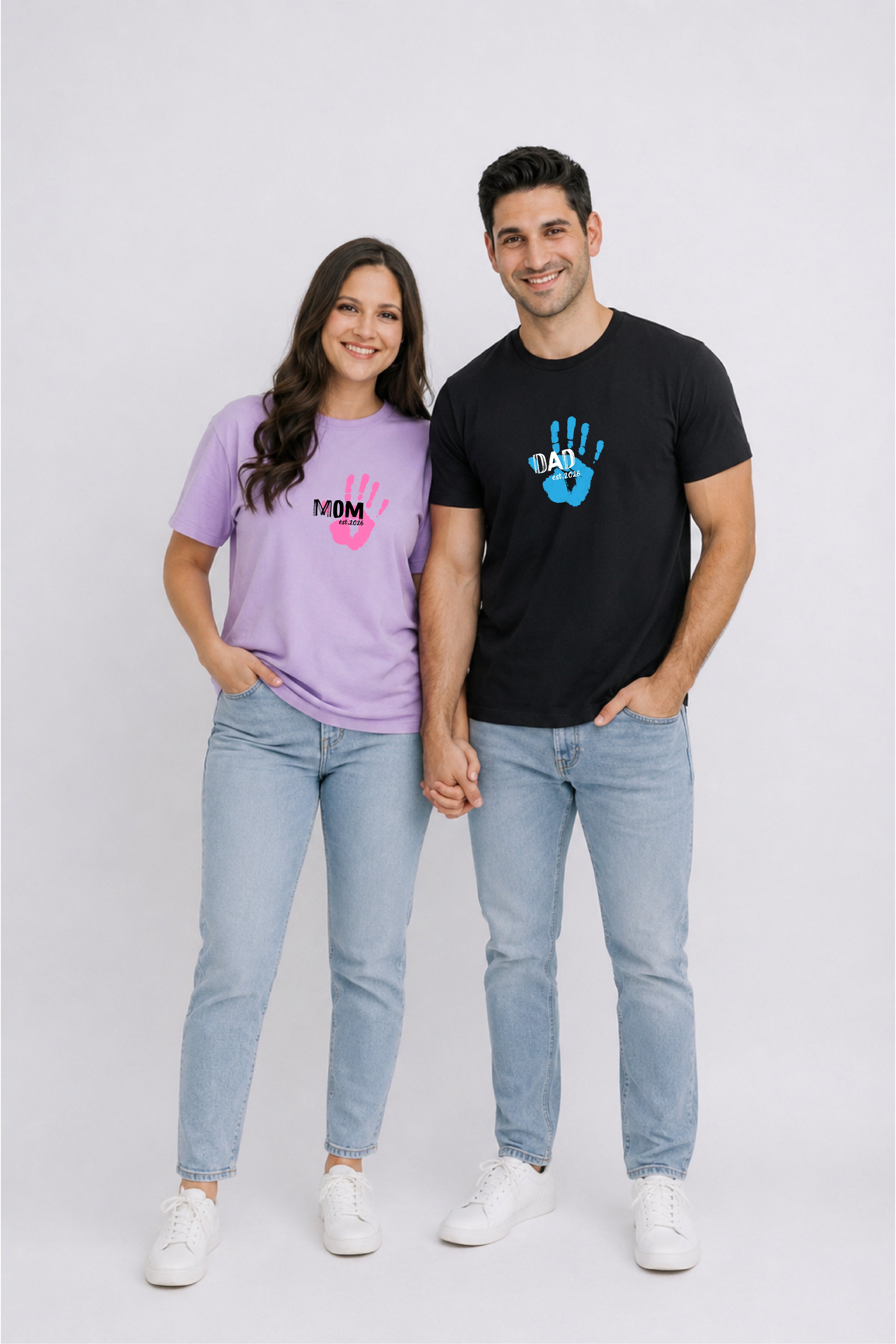 Mom Dad Hand print Oversized Couple T-Shirts (Pack of 2)