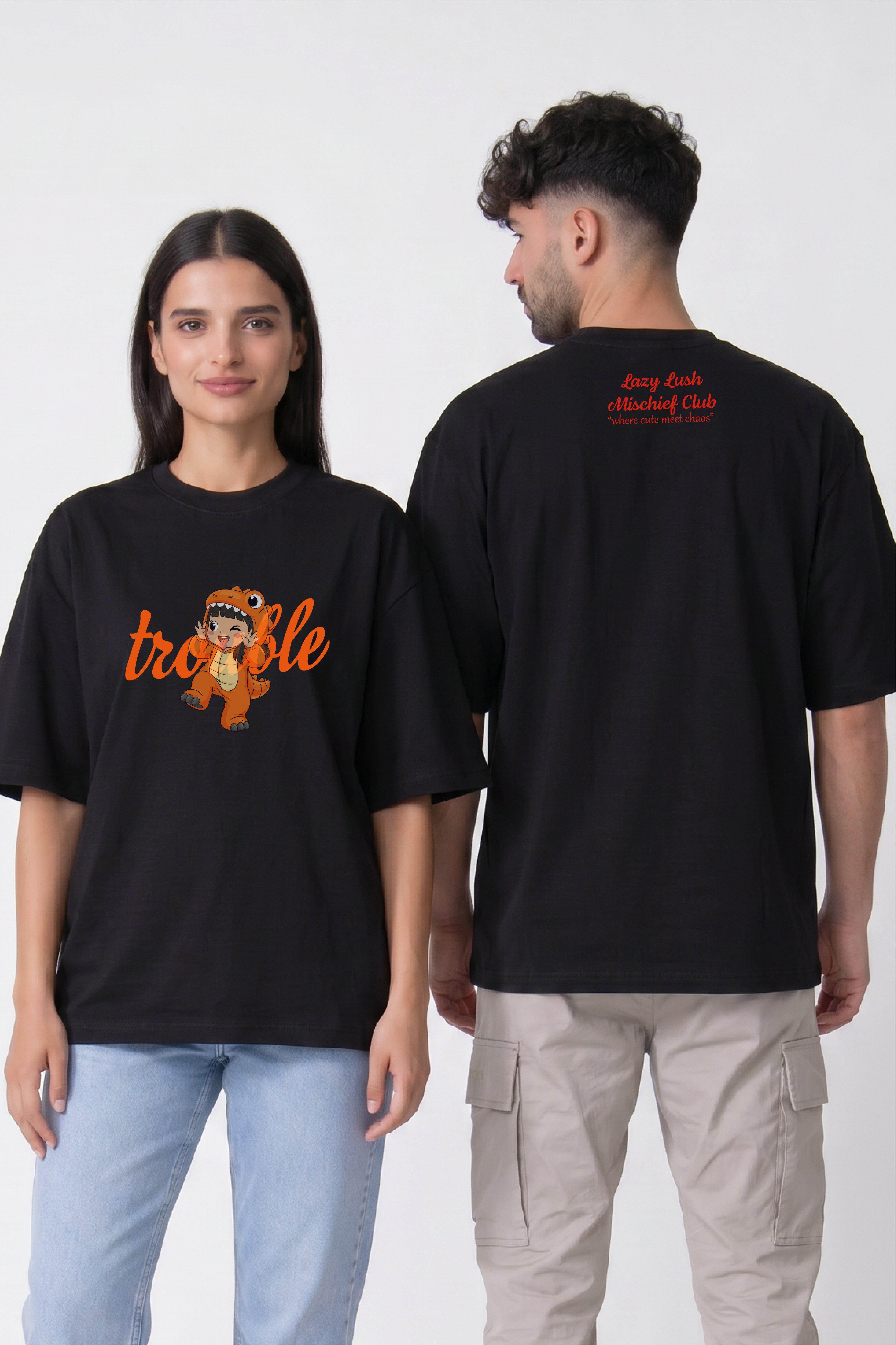 Mischief mode ON Couple Oversized Tees — Pack of 2