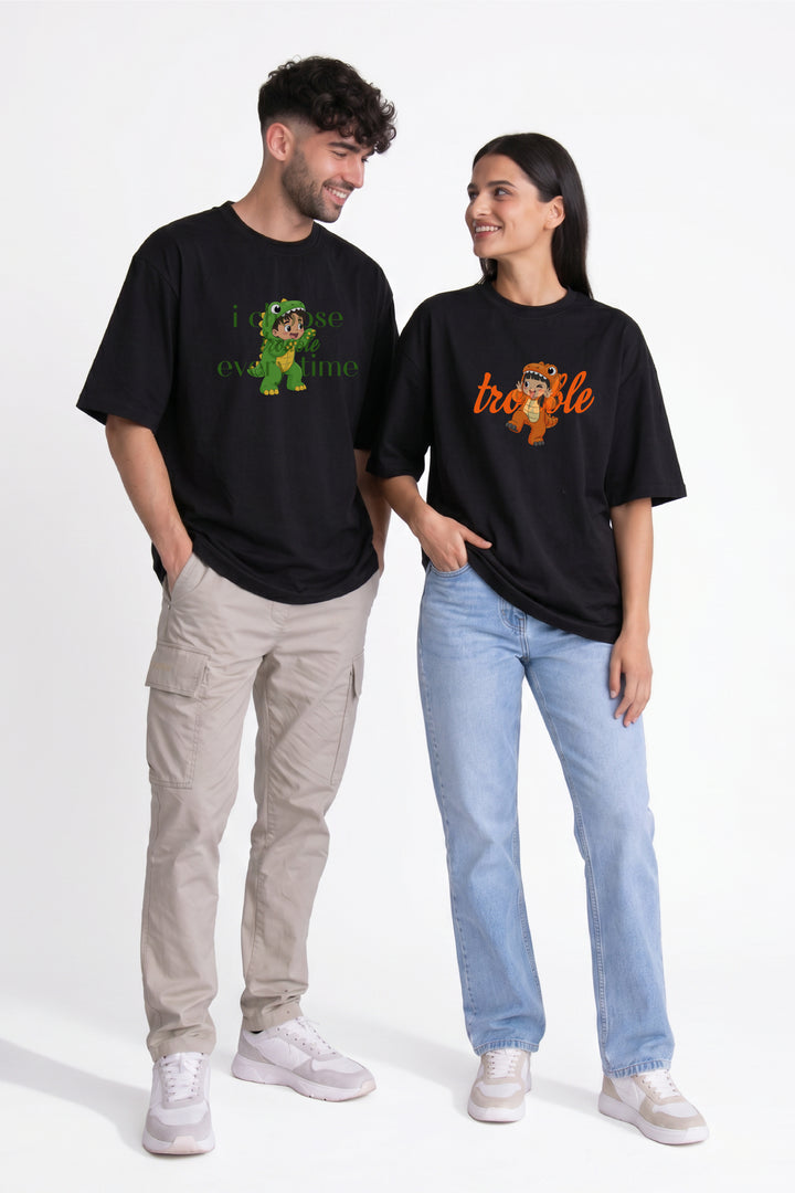 Mischief mode ON Couple Oversized Tees — Pack of 2