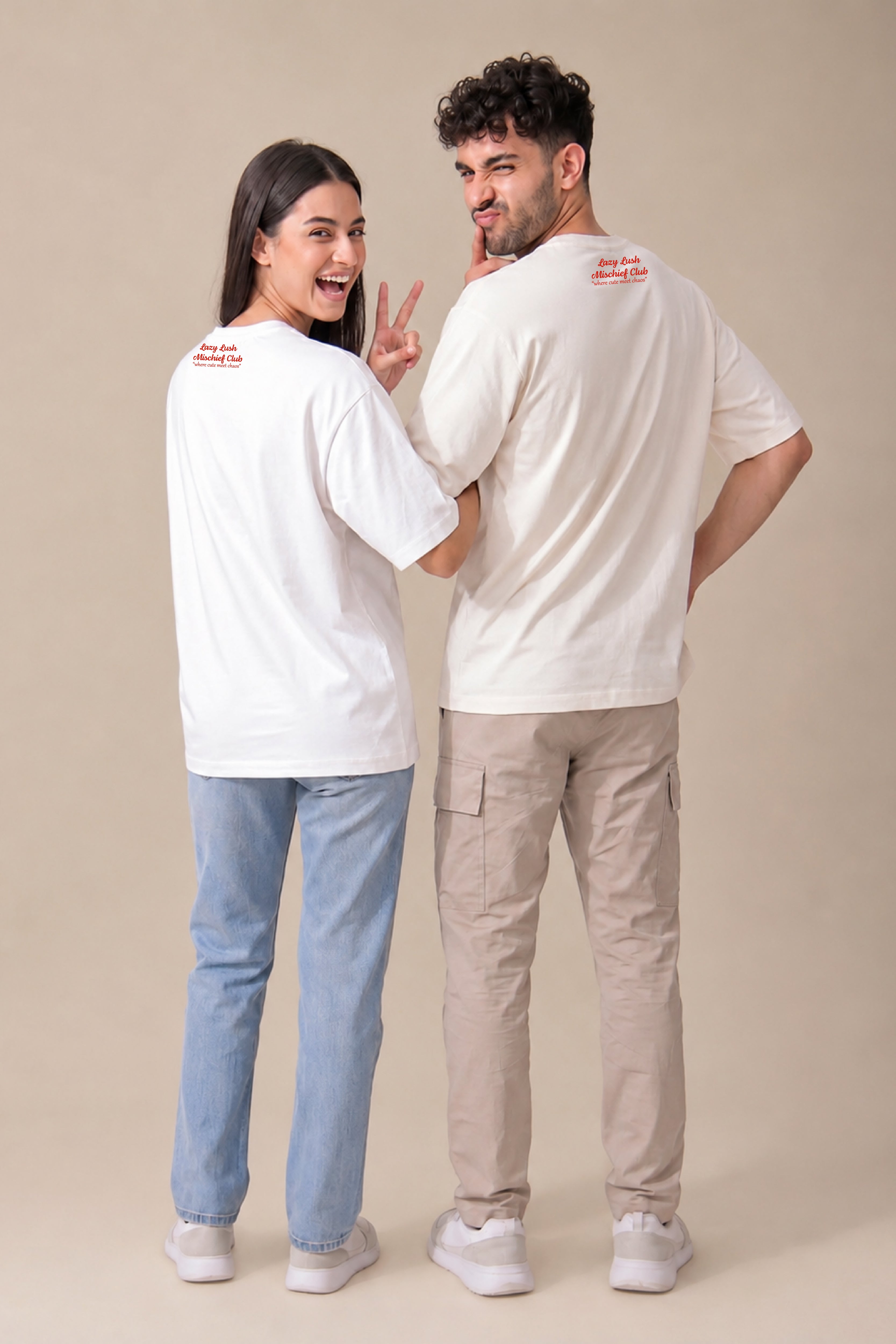 Mischief mode ON Couple Oversized Tees — Pack of 2