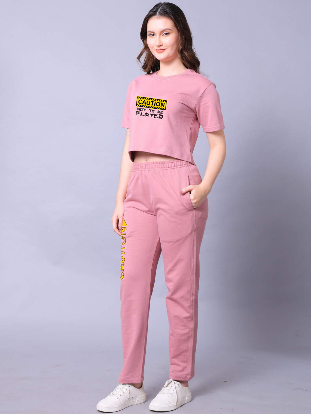 Caution Women Co-Ord Set - Crop Top with Joggers