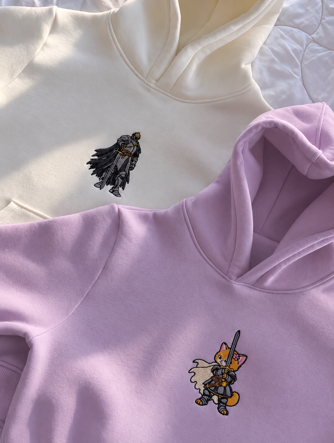 Embroidered Knight & Her Cat Couple Hoodies — Pack of 2