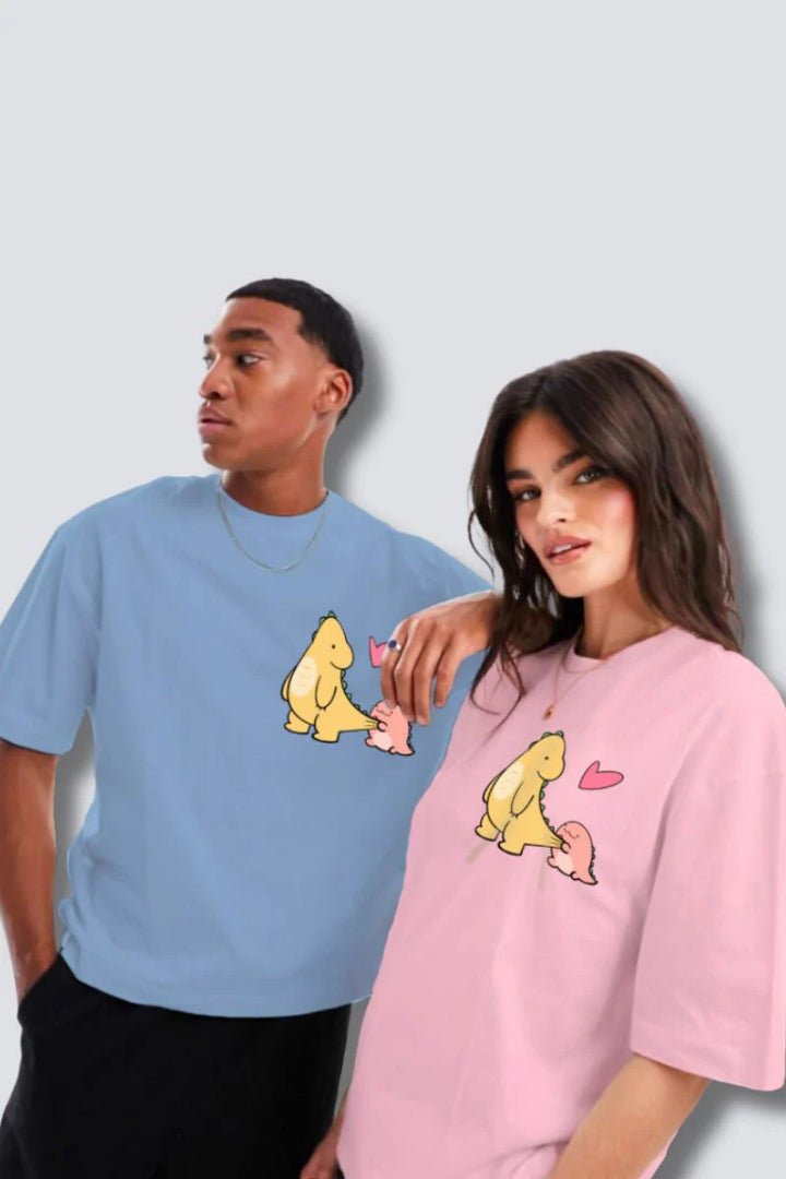 Dino love Pastel Blue & Pink Oversized Couple T-Shirts (Pack of 2)