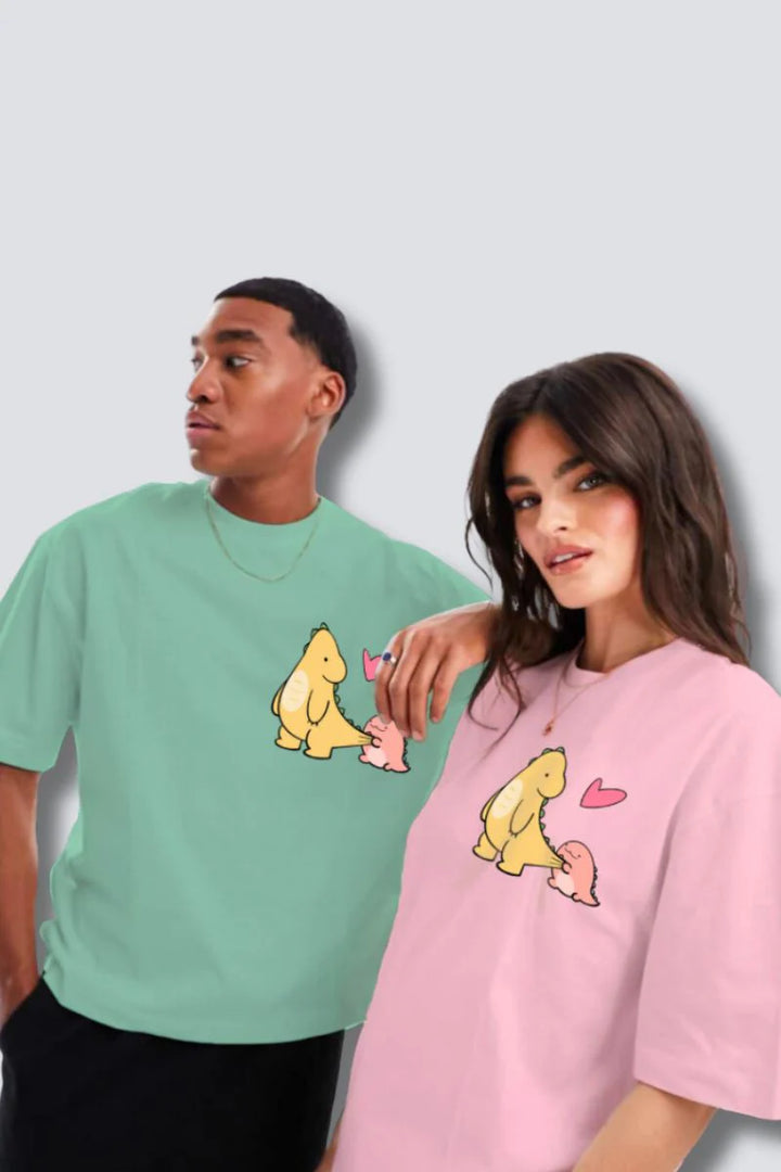 Dino love Pastel Green & Pink Oversized Couple T-Shirts (Pack of 2)