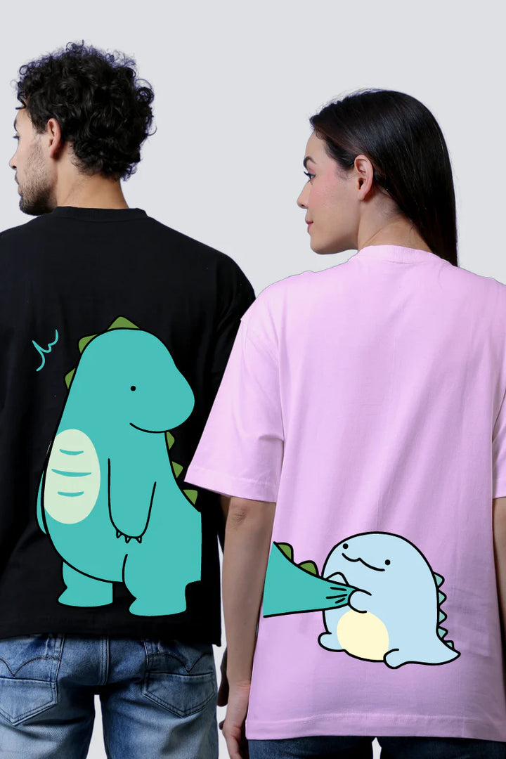 Dino Duo Black & Lilac Oversized Couple T-Shirts (Pack of 2)