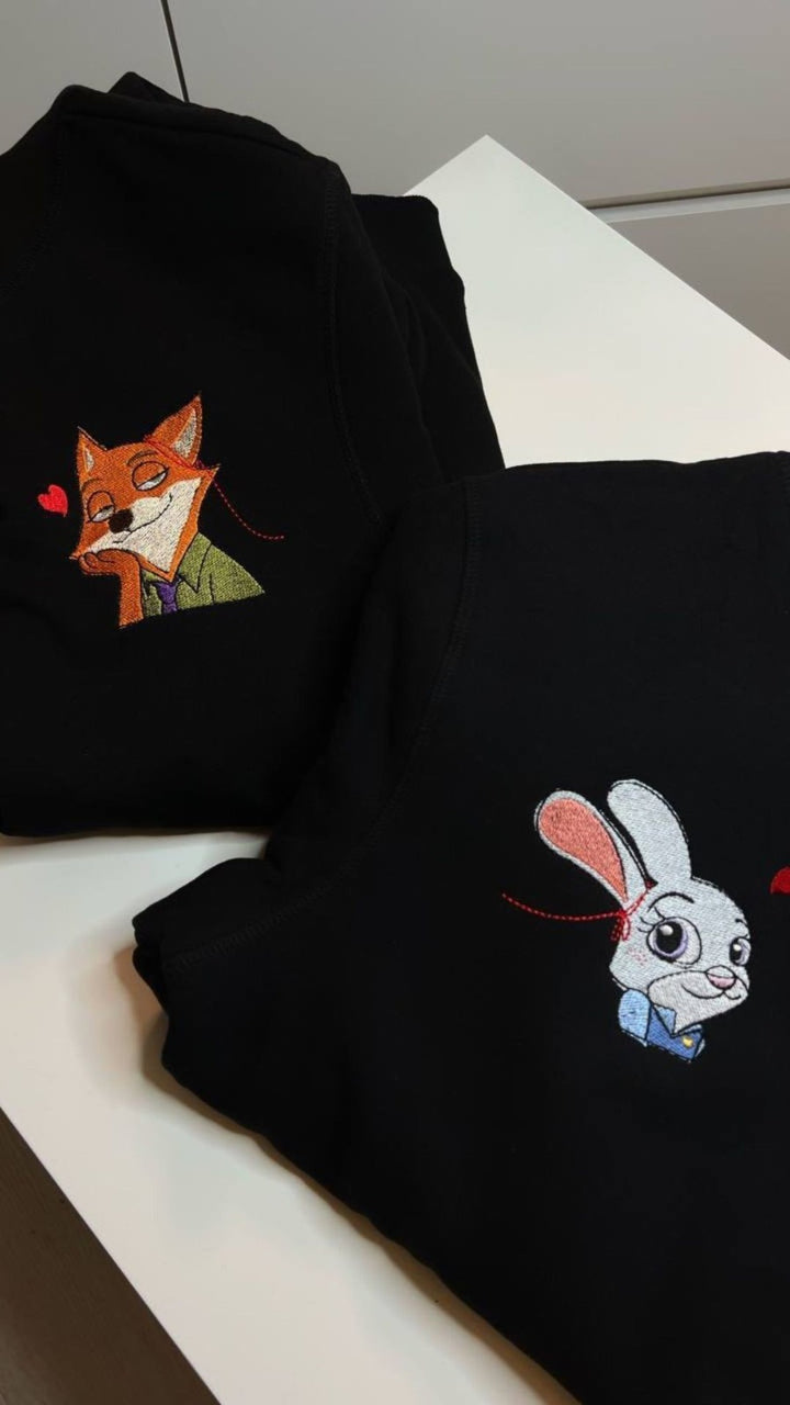 Embroidered Fox and Bunny Couple Hoodies — Pack of 2
