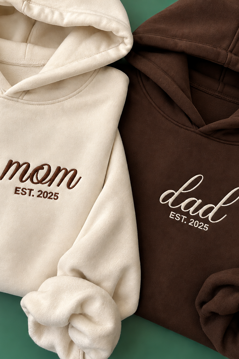 Embroided mom dad dates Couple Hoodies — Pack of 2